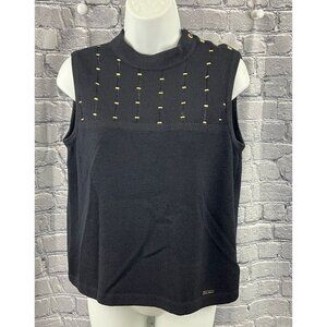 St John Black Santana‎ Knit Sleeveless Shell Tank Blouse  M paillettes Snap Neck